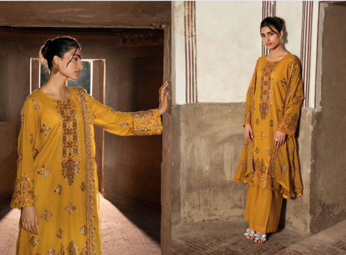 A rich mustard 3-piece unstitched suit