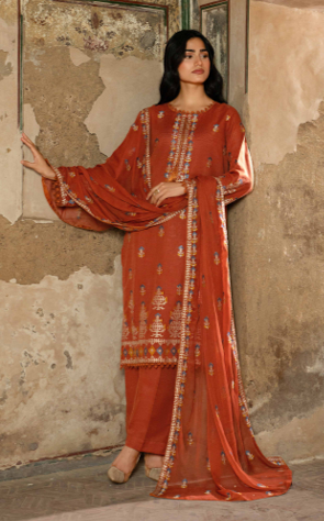 A warm terracotta 3-piece unstitched suit