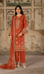 A warm terracotta 3-piece unstitched suit