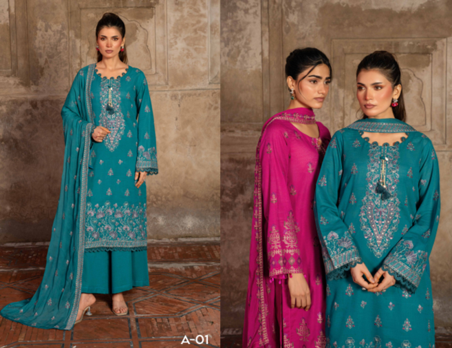 A rich teal 3-piece unstitched suit featuring intricate traditional embroidery