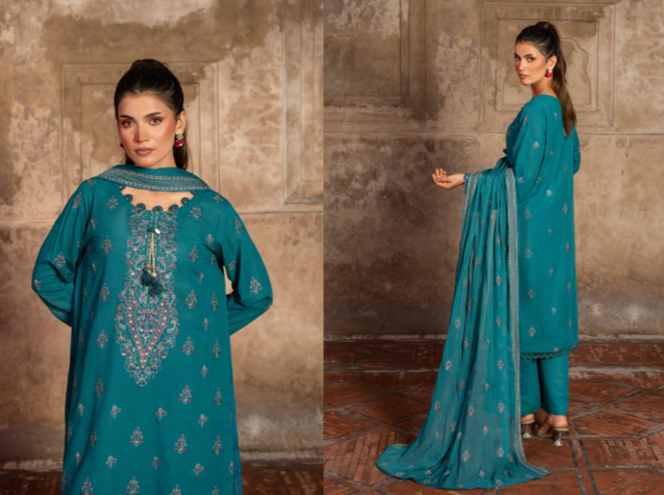 A rich teal 3-piece unstitched suit featuring intricate traditional embroidery