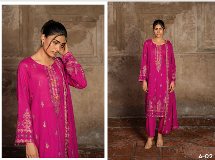 A vibrant 3-Piece Unstitched Suit in a beautiful pink shade,