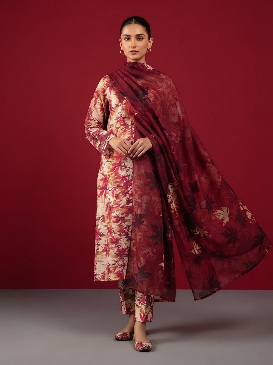 A rich red 3-Piece Printed Unstitched Suit featuring delicate floral motifs in red