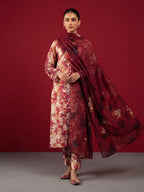 A rich red 3-Piece Printed Unstitched Suit featuring delicate floral motifs in red