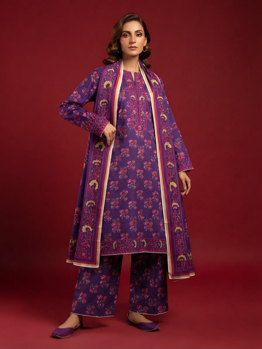 A rich plum 3-Piece Printed Unstitched Suit featuring delicate floral motifs in pink