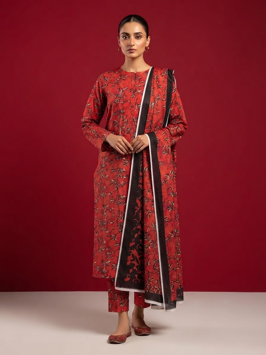 A red patterned 3-Piece Printed Unstitched Suit featuring delicate floral motifs in red patterned