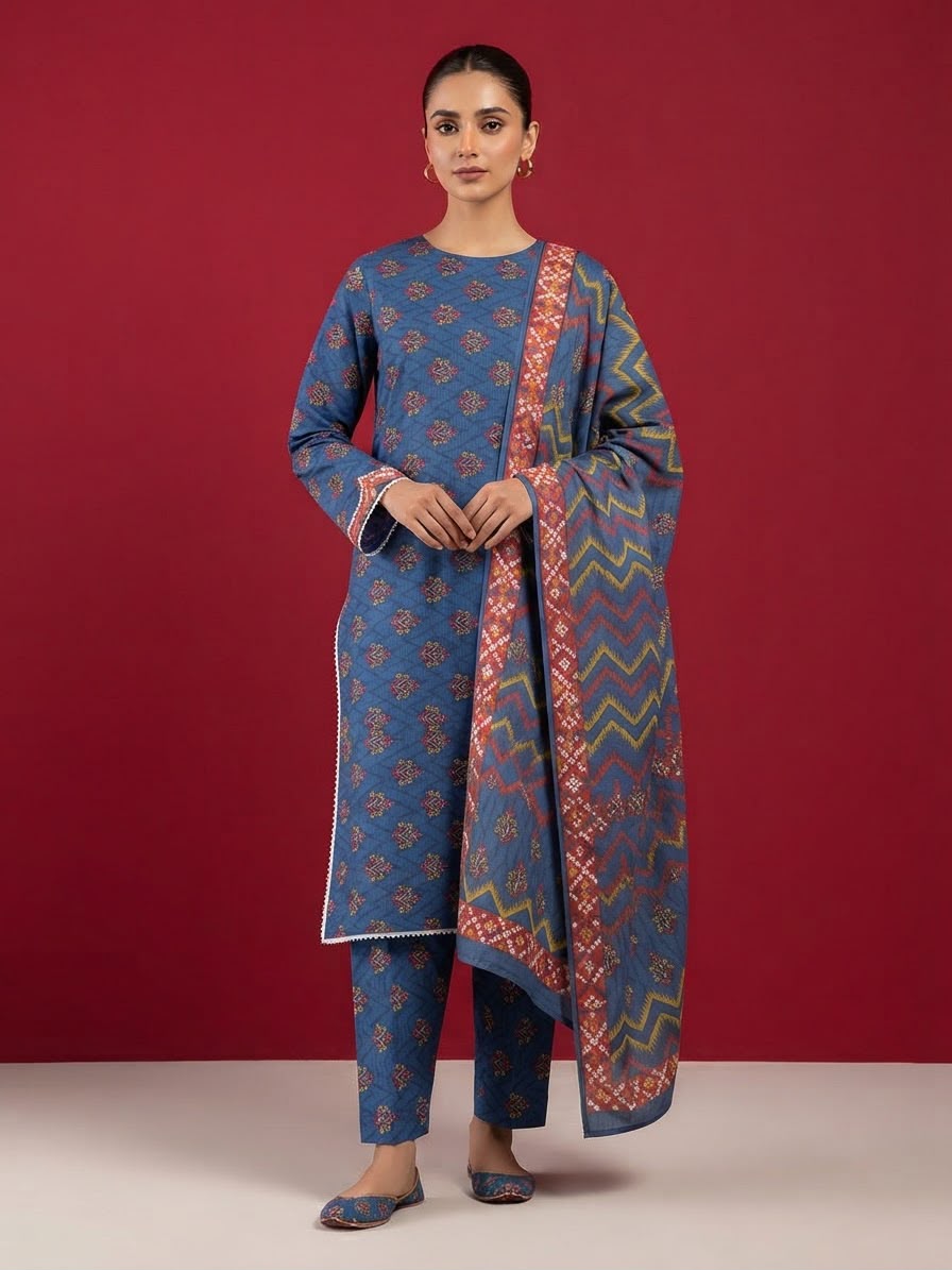 A cobalt blue 3-Piece Printed Unstitched Suit featuring delicate floral motifs in blue