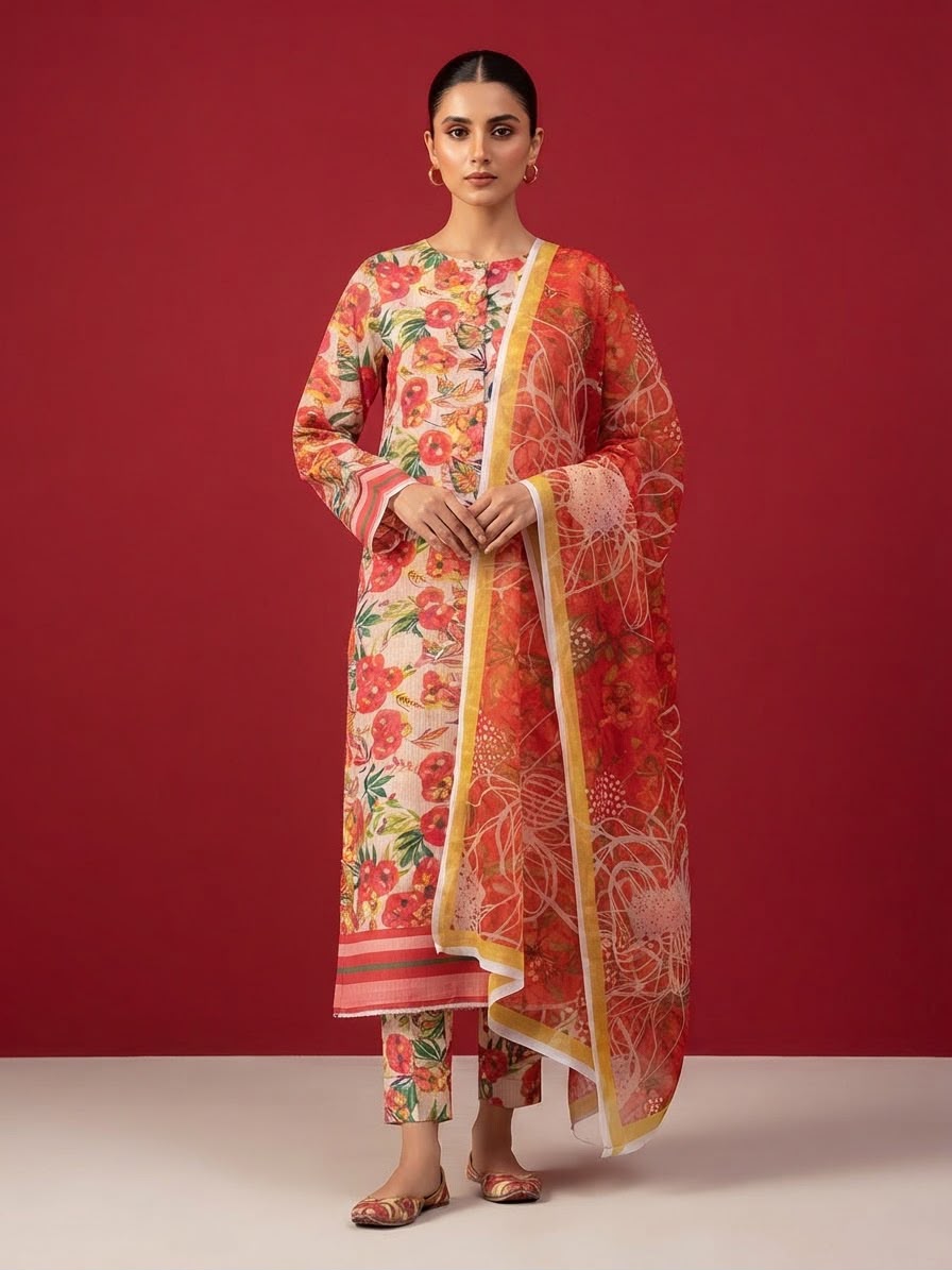 A rich crimson red 3-Piece Printed Unstitched Suit featuring delicate floral motifs in red,