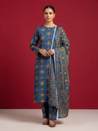 A rich dark blue 3-Piece Printed Unstitched Suit featuring delicate floral motifs in blue