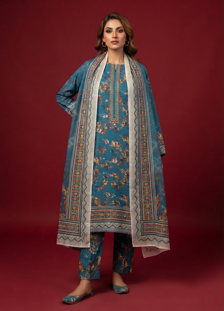 A rich cerulean blue 3-Piece Printed Unstitched Suit featuring delicate floral motifs in blue,