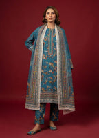 A rich cerulean blue 3-Piece Printed Unstitched Suit featuring delicate floral motifs in blue,