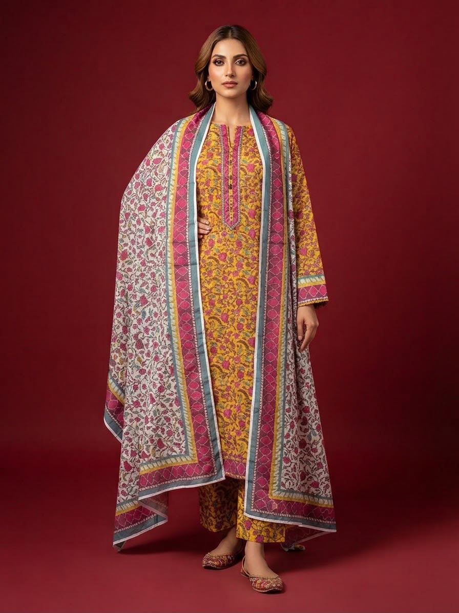 A rich yellow patterned 3-Piece Printed Unstitched Suit featuring delicate floral motifs in yellow