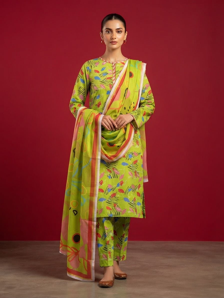 A rich emerald green 3-Piece Printed Unstitched Suit featuring delicate floral motifs in green