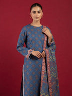 A cobalt blue 3-Piece Printed Unstitched Suit featuring delicate floral motifs in blue