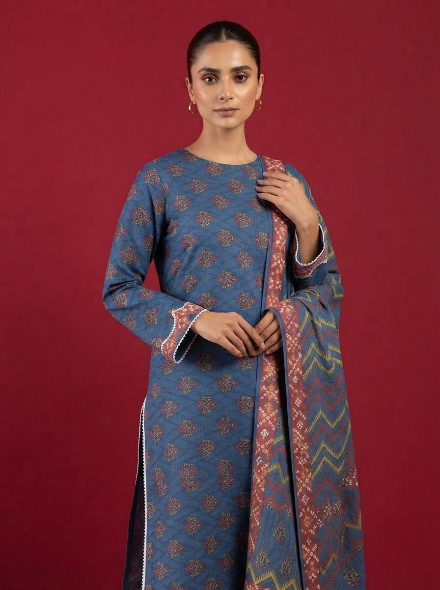 A cobalt blue 3-Piece Printed Unstitched Suit featuring delicate floral motifs in blue