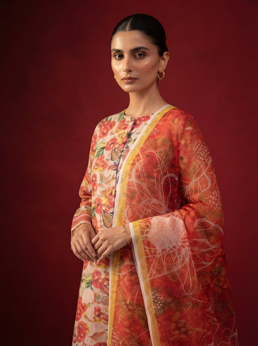 A rich crimson red 3-Piece Printed Unstitched Suit featuring delicate floral motifs in red,