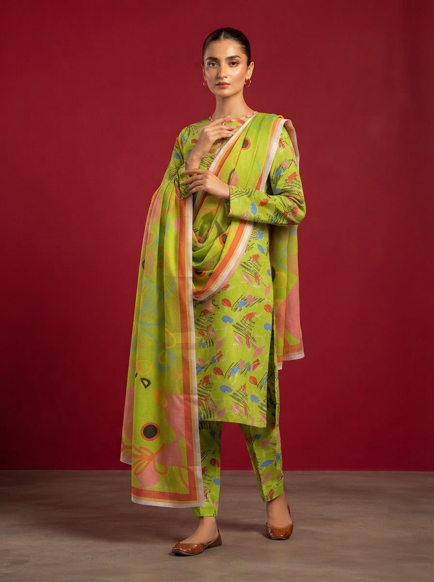 A rich emerald green 3-Piece Printed Unstitched Suit featuring delicate floral motifs in green