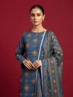 A rich dark blue 3-Piece Printed Unstitched Suit featuring delicate floral motifs in blue
