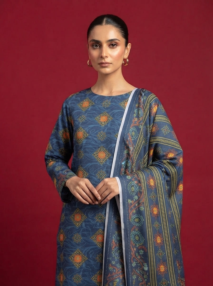 A rich dark blue 3-Piece Printed Unstitched Suit featuring delicate floral motifs in blue