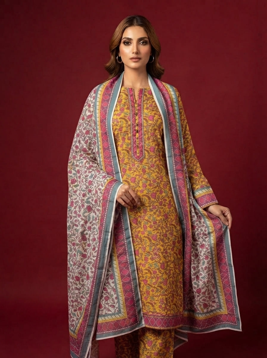 A rich yellow patterned 3-Piece Printed Unstitched Suit featuring delicate floral motifs in yellow