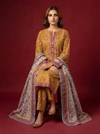 A rich yellow patterned 3-Piece Printed Unstitched Suit featuring delicate floral motifs in yellow