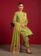 A rich emerald green 3-Piece Printed Unstitched Suit featuring delicate floral motifs in green