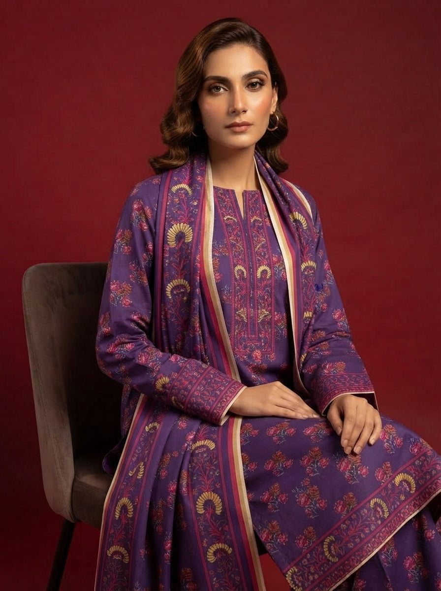 A rich plum 3-Piece Printed Unstitched Suit featuring delicate floral motifs in pink