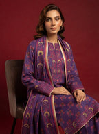 A rich plum 3-Piece Printed Unstitched Suit featuring delicate floral motifs in pink