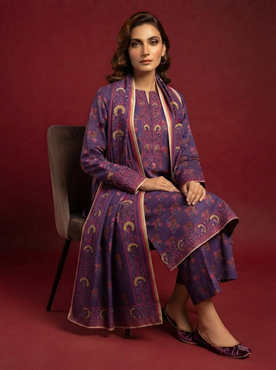 A rich plum 3-Piece Printed Unstitched Suit featuring delicate floral motifs in pink