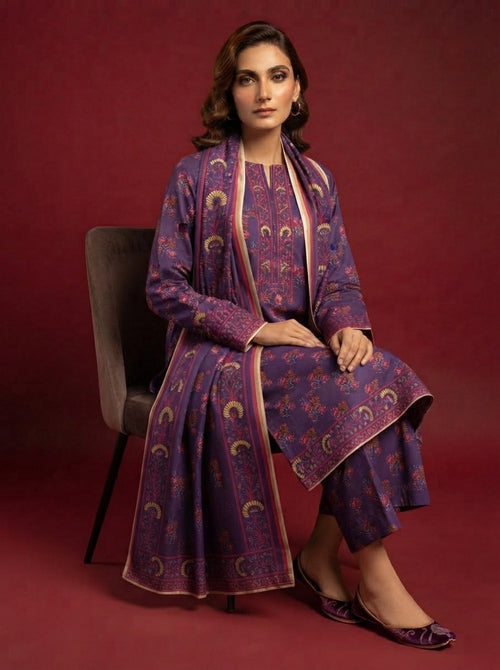 A rich plum 3-Piece Printed Unstitched Suit featuring delicate floral motifs in pink