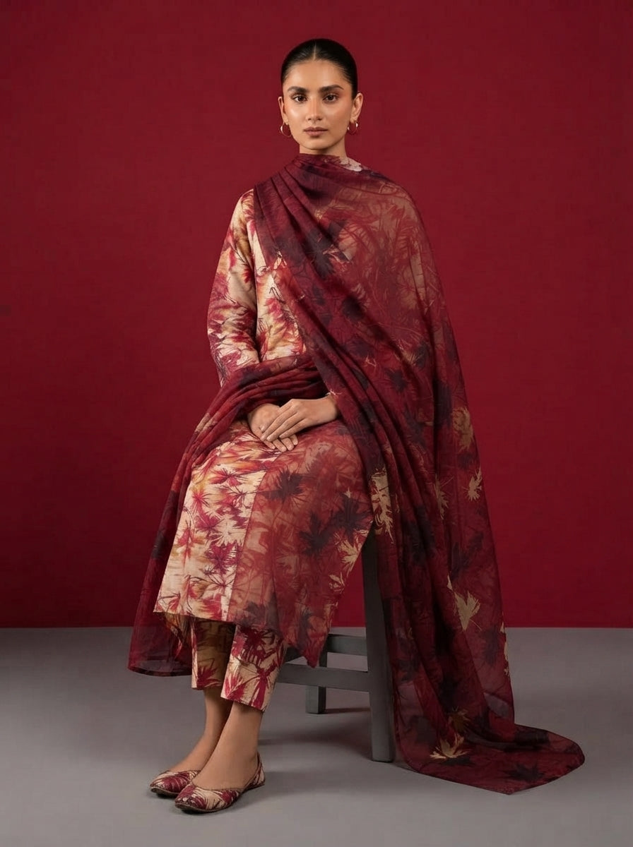 A rich red 3-Piece Printed Unstitched Suit featuring delicate floral motifs in red