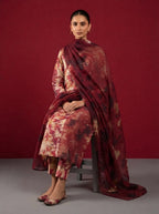 A rich red 3-Piece Printed Unstitched Suit featuring delicate floral motifs in red