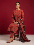 A red patterned 3-Piece Printed Unstitched Suit featuring delicate floral motifs in red patterned