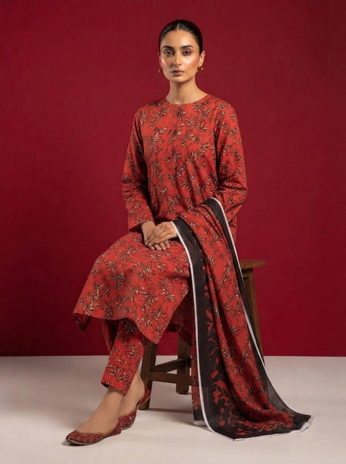 A red patterned 3-Piece Printed Unstitched Suit featuring delicate floral motifs in red patterned