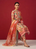 A rich crimson red 3-Piece Printed Unstitched Suit featuring delicate floral motifs in red,