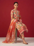 A rich crimson red 3-Piece Printed Unstitched Suit featuring delicate floral motifs in red,