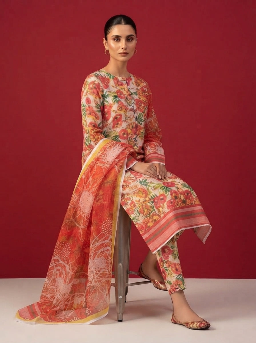 A rich crimson red 3-Piece Printed Unstitched Suit featuring delicate floral motifs in red,