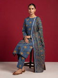A rich dark blue 3-Piece Printed Unstitched Suit featuring delicate floral motifs in blue