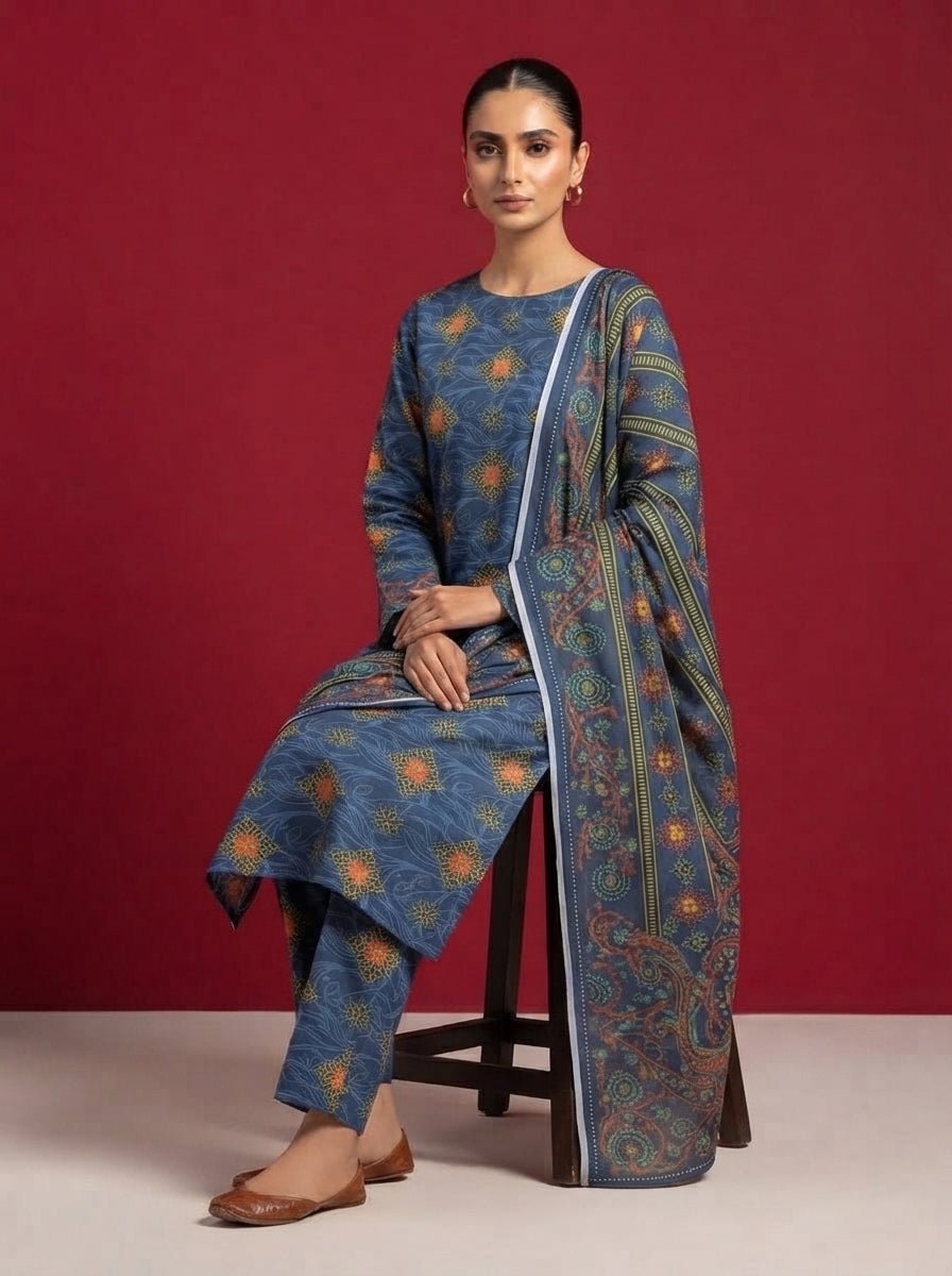 A rich dark blue 3-Piece Printed Unstitched Suit featuring delicate floral motifs in blue