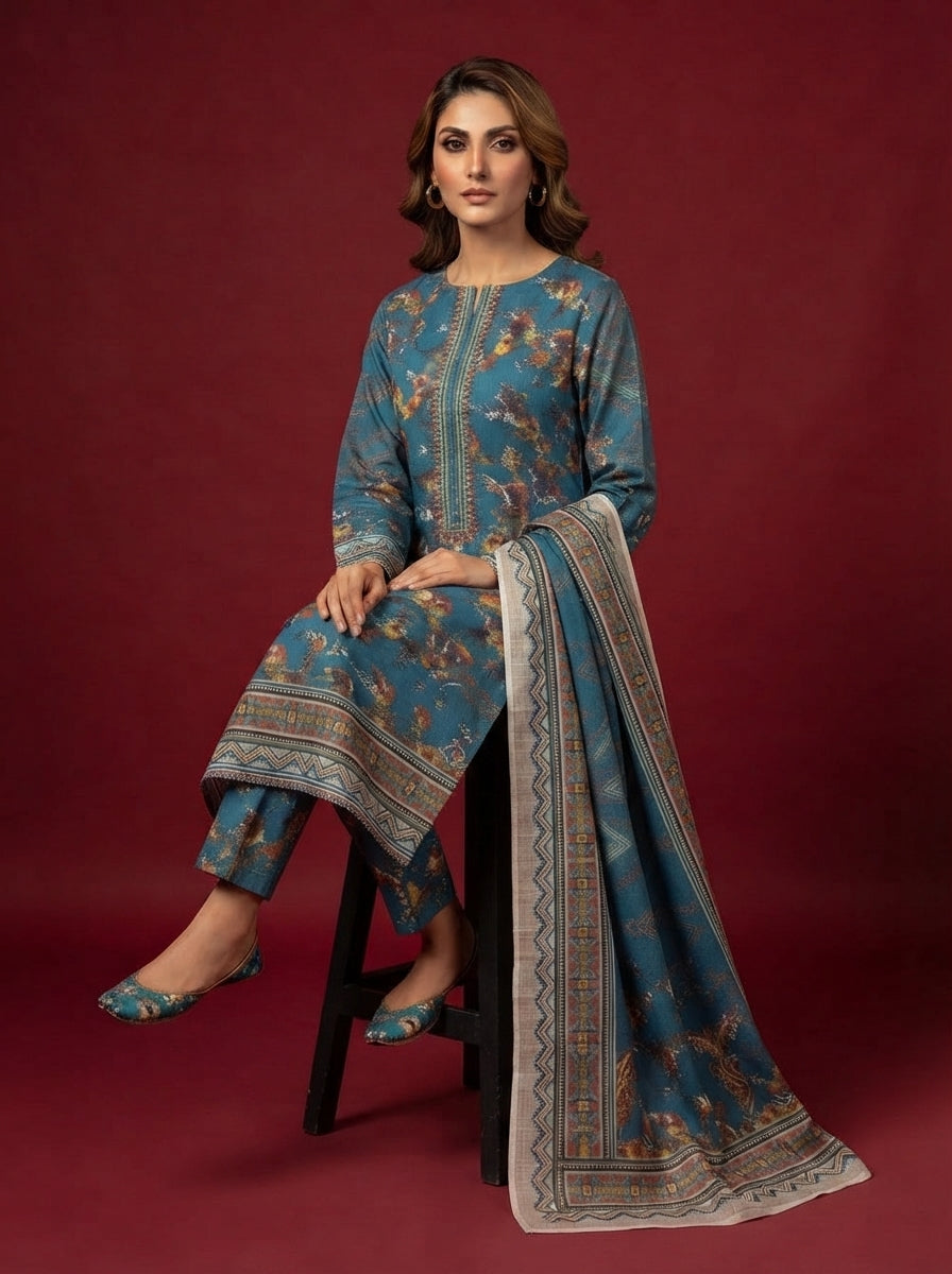 A rich cerulean blue 3-Piece Printed Unstitched Suit featuring delicate floral motifs in blue,