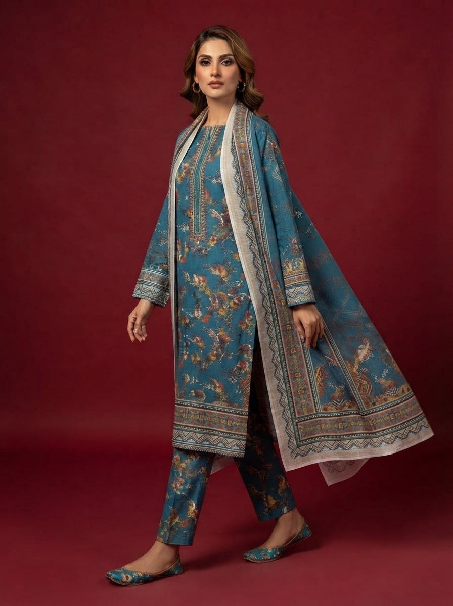 A rich cerulean blue 3-Piece Printed Unstitched Suit featuring delicate floral motifs in blue,