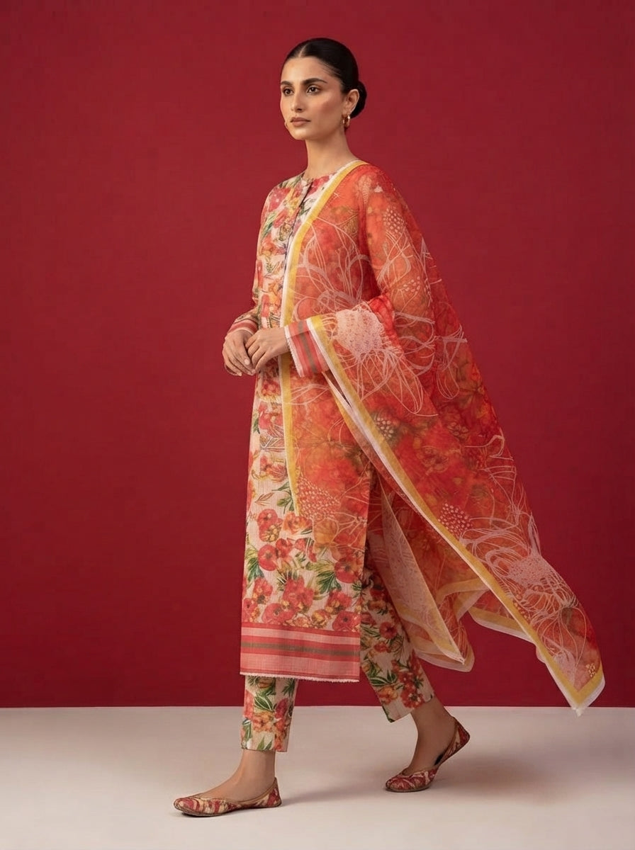 A rich crimson red 3-Piece Printed Unstitched Suit featuring delicate floral motifs in red,