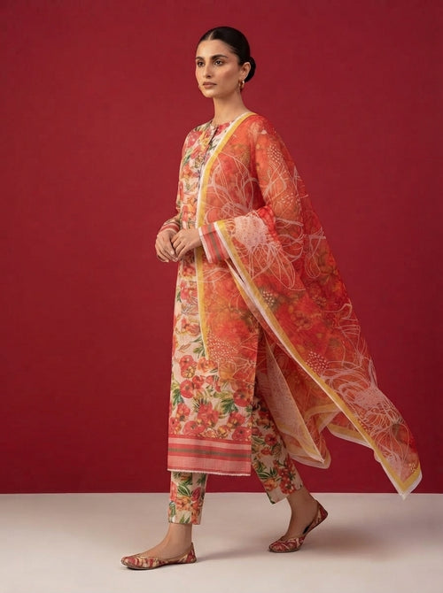 A rich crimson red 3-Piece Printed Unstitched Suit featuring delicate floral motifs in red,