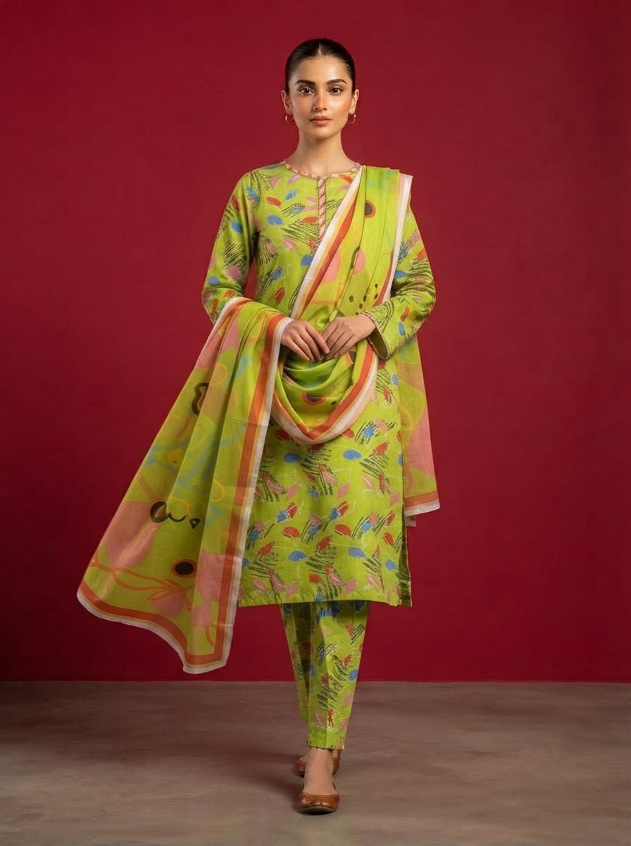 A rich emerald green 3-Piece Printed Unstitched Suit featuring delicate floral motifs in green