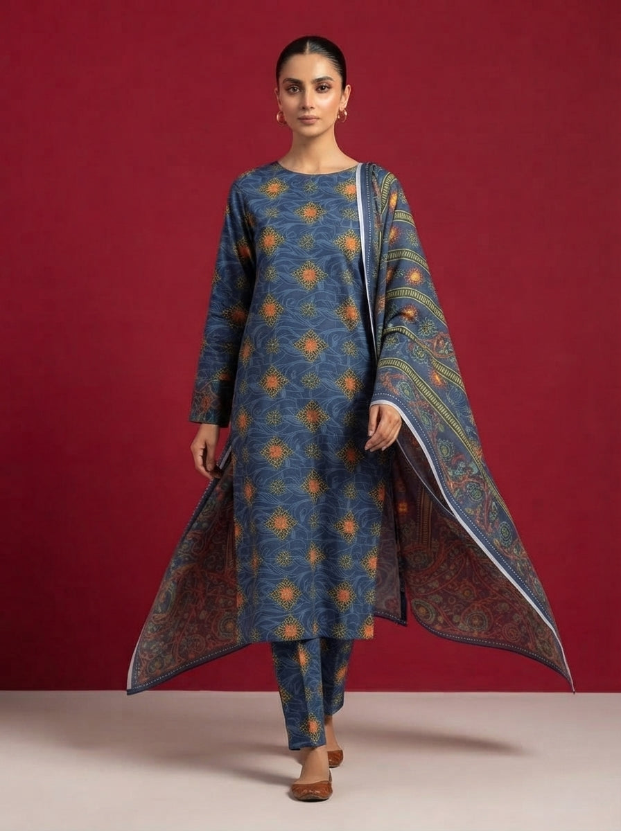 A rich dark blue 3-Piece Printed Unstitched Suit featuring delicate floral motifs in blue