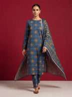 A rich dark blue 3-Piece Printed Unstitched Suit featuring delicate floral motifs in blue