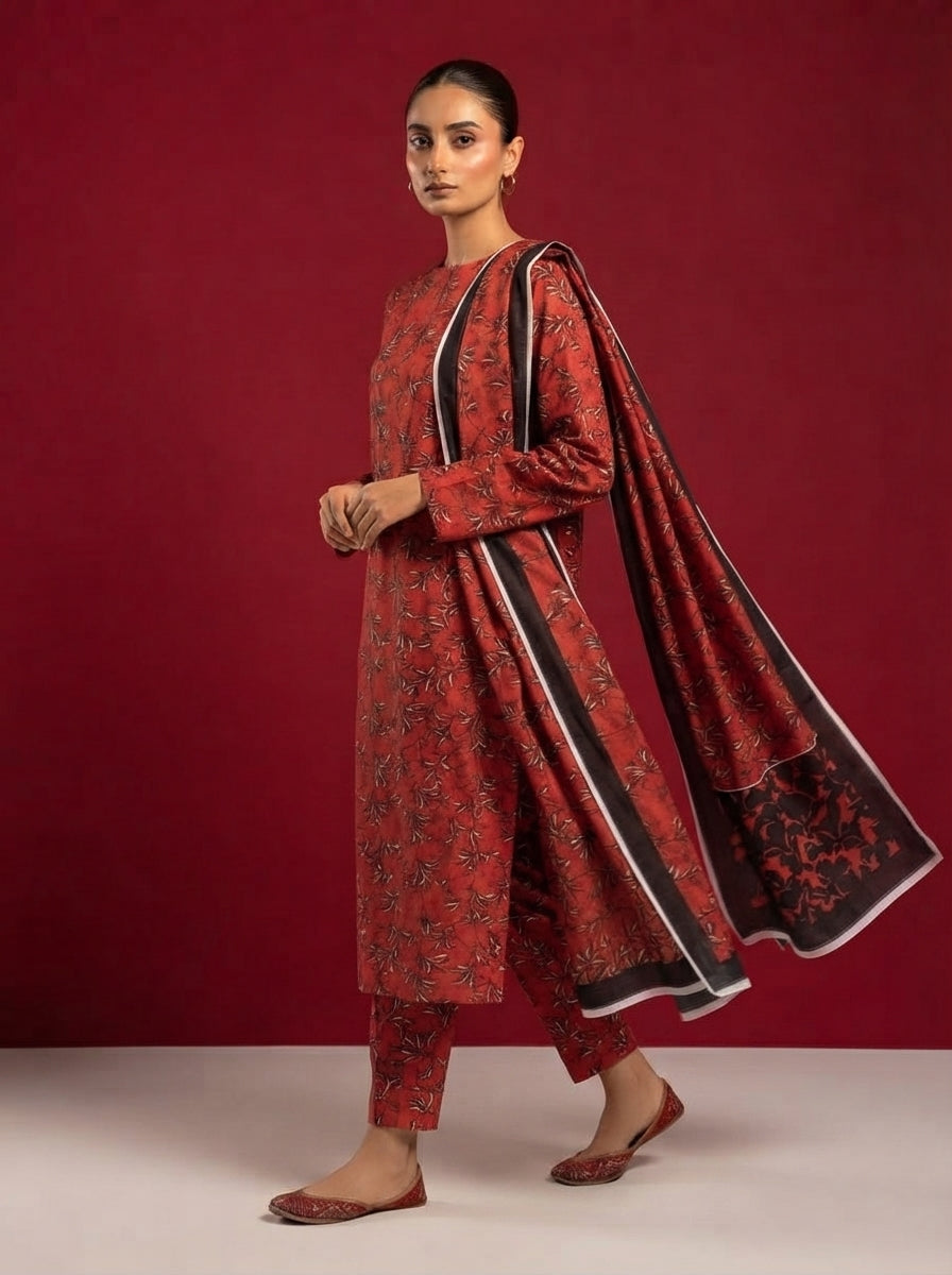 A red patterned 3-Piece Printed Unstitched Suit featuring delicate floral motifs in red patterned