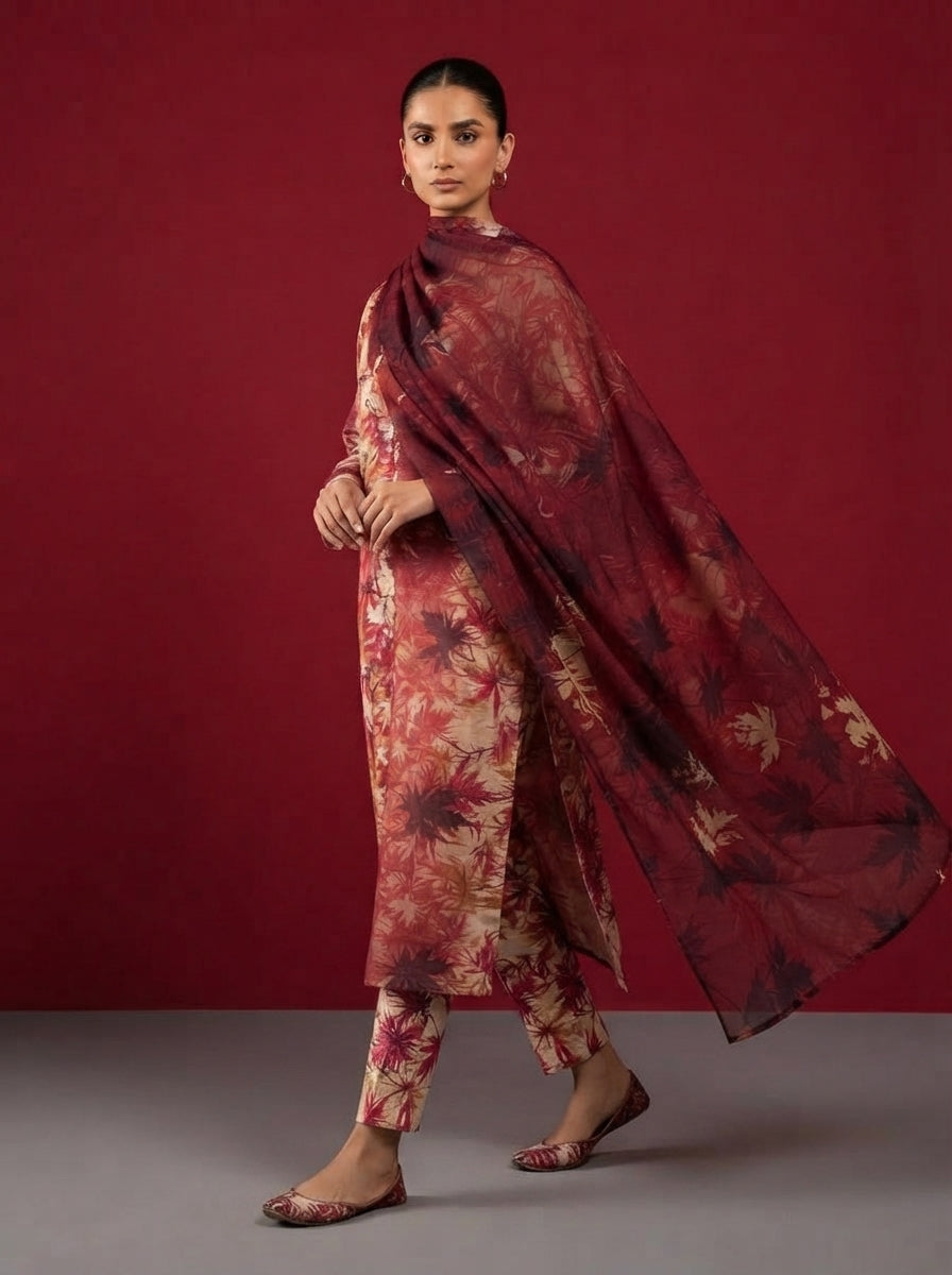 A rich red 3-Piece Printed Unstitched Suit featuring delicate floral motifs in red