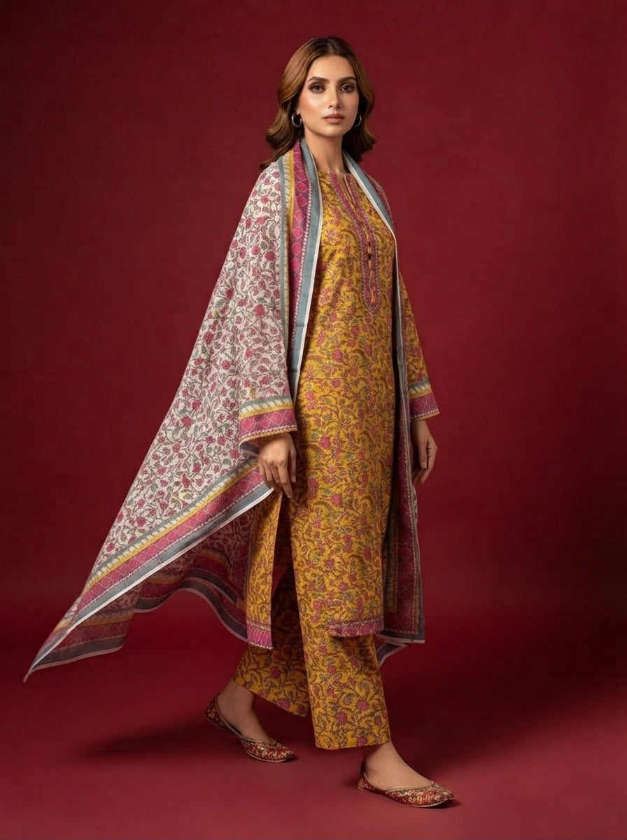 A rich yellow patterned 3-Piece Printed Unstitched Suit featuring delicate floral motifs in yellow