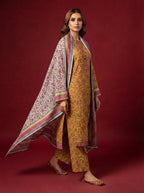 A rich yellow patterned 3-Piece Printed Unstitched Suit featuring delicate floral motifs in yellow